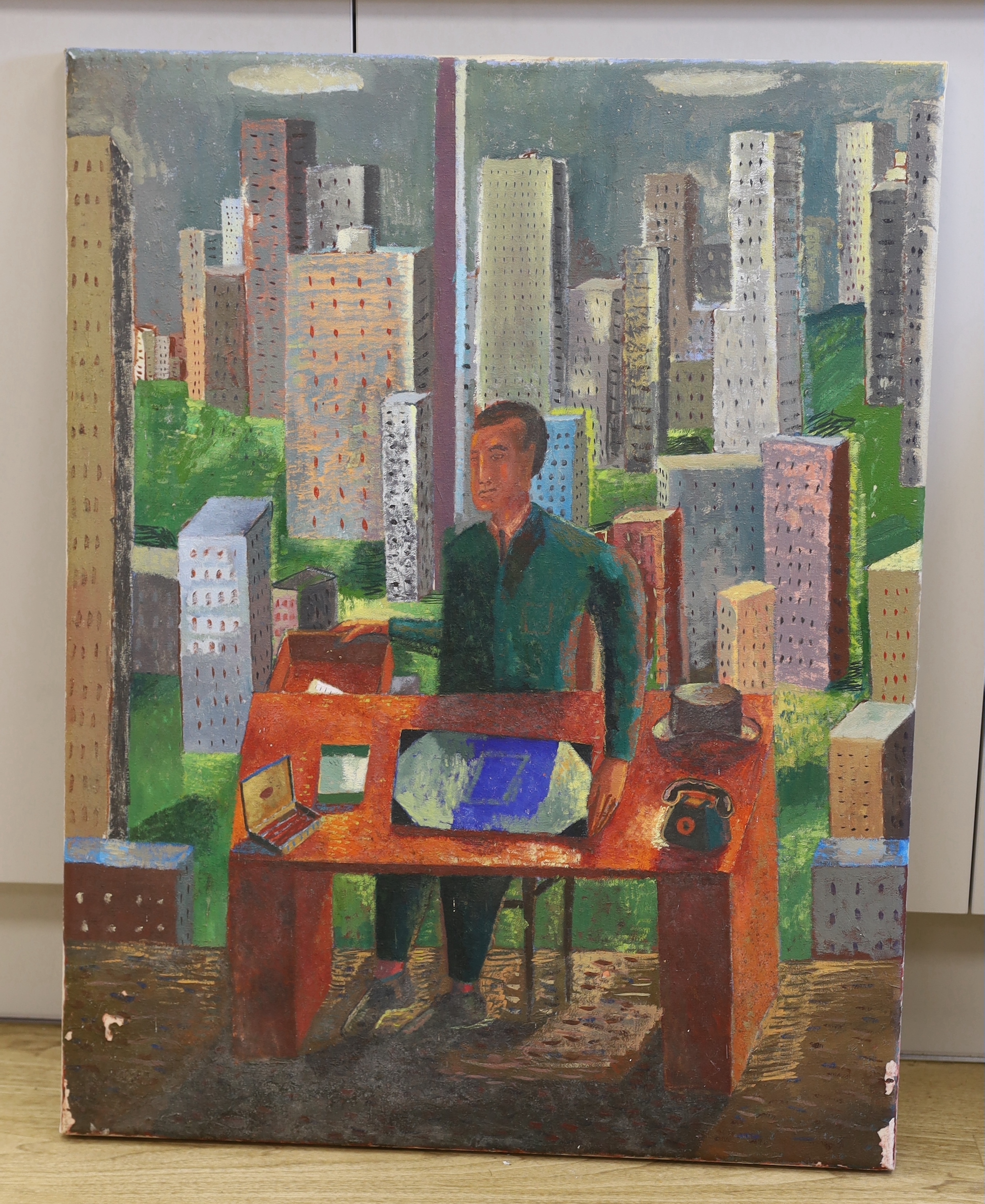 Michael Buhler (1940-2009), oil on canvas, Seated figure before skyscrapers, inscribed verso 'Himself as a big boss in New York', 83 x 64cm, unframed